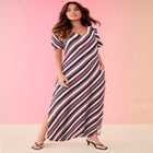 Plus Size Stretch Knit Short Sleeve Maxi Dress with Side Slit Detail image number null