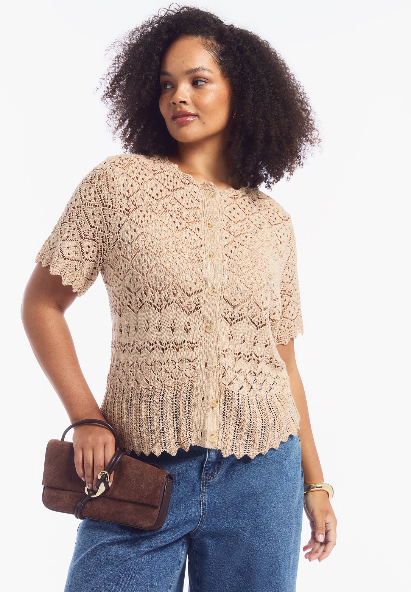 Short-Sleeve Pointelle Cardigan image number 3