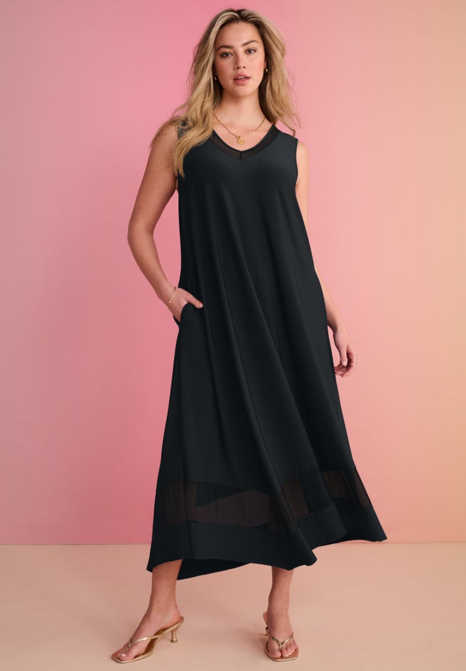 Plus Size Stretch Knit V-Neck Sleeveless Maxi Dress | Roaman's Plus Size Stretch Knit V-Neck Sleeveless Maxi Dress | Roaman's