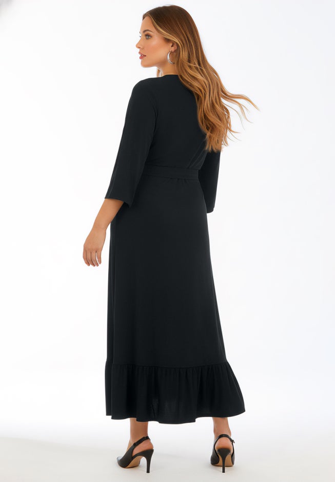 Plus Size Stretch Knit Faux Wrap Flounce Sleeve Midi Dress image number 1