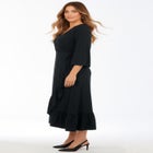 Plus Size Stretch Knit Faux Wrap Flounce Sleeve Midi Dress image number null
