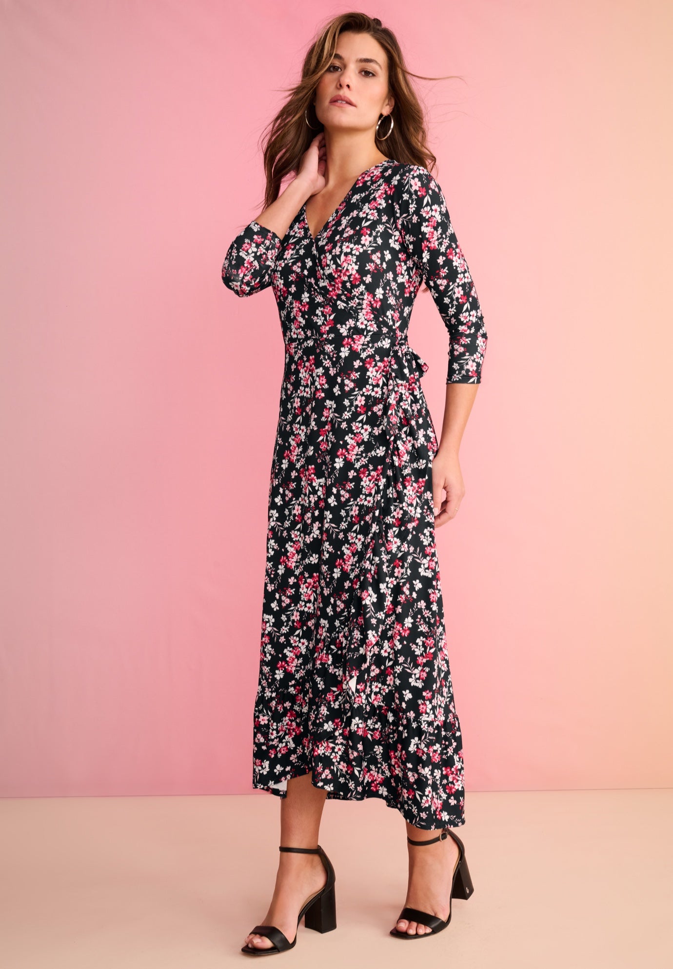 Plus Size Stretch Knit Faux Wrap Flounce Sleeve Midi Dress image number 0