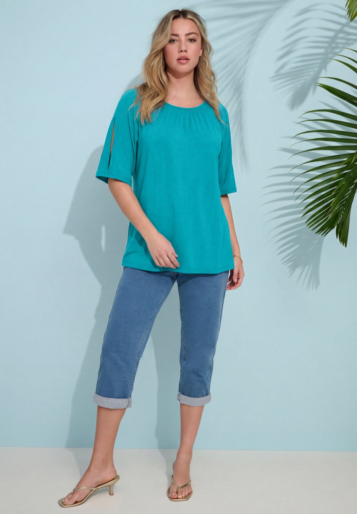 Plus Size Shirred Scoop Neck Split Bell Sleeve Tee image number 0