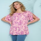 Plus Size Shirred Scoop Neck Split Bell Sleeve Tee image number null