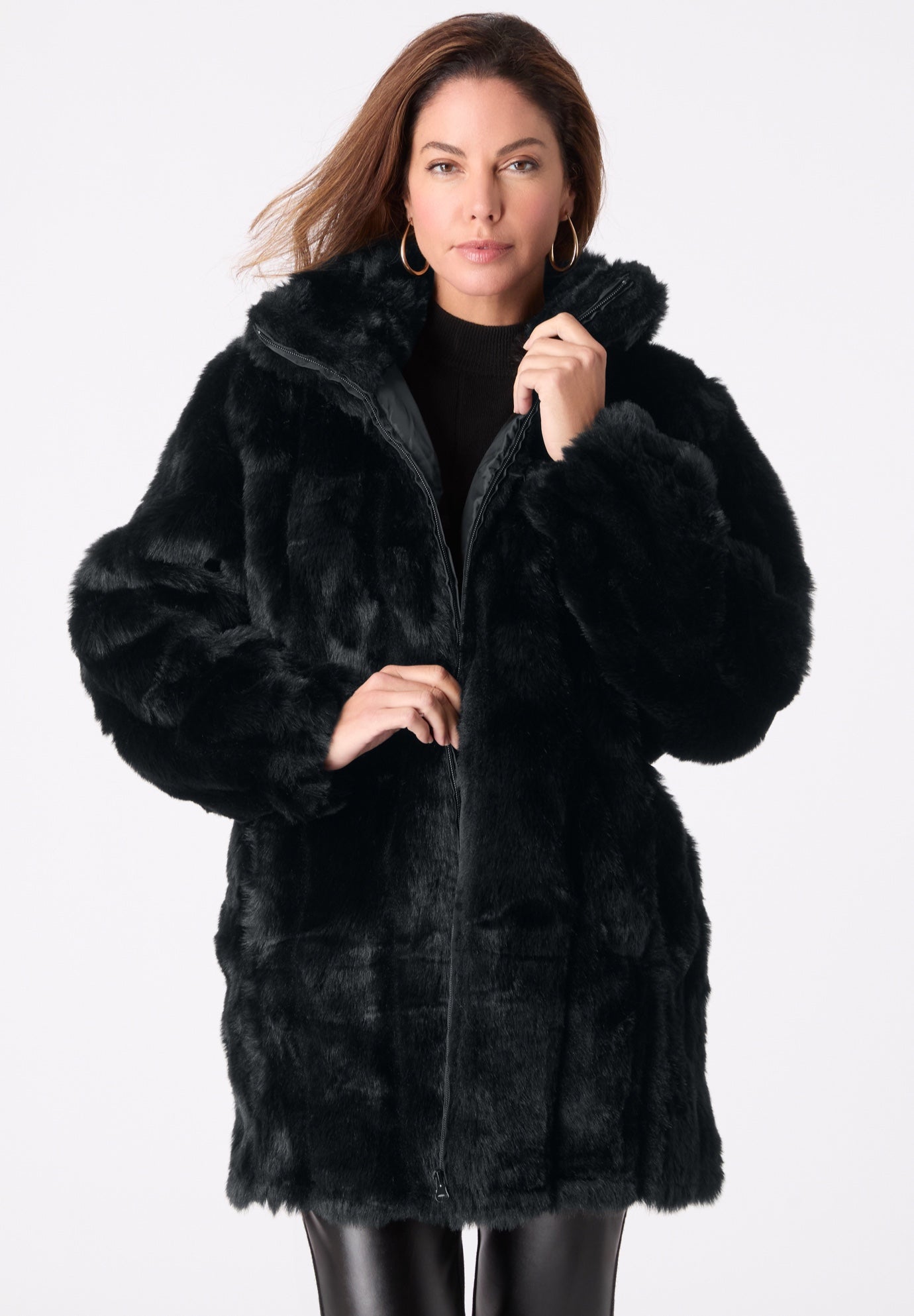 Plus Size Mid-Length Hooded Faux Fur Coat image number 1