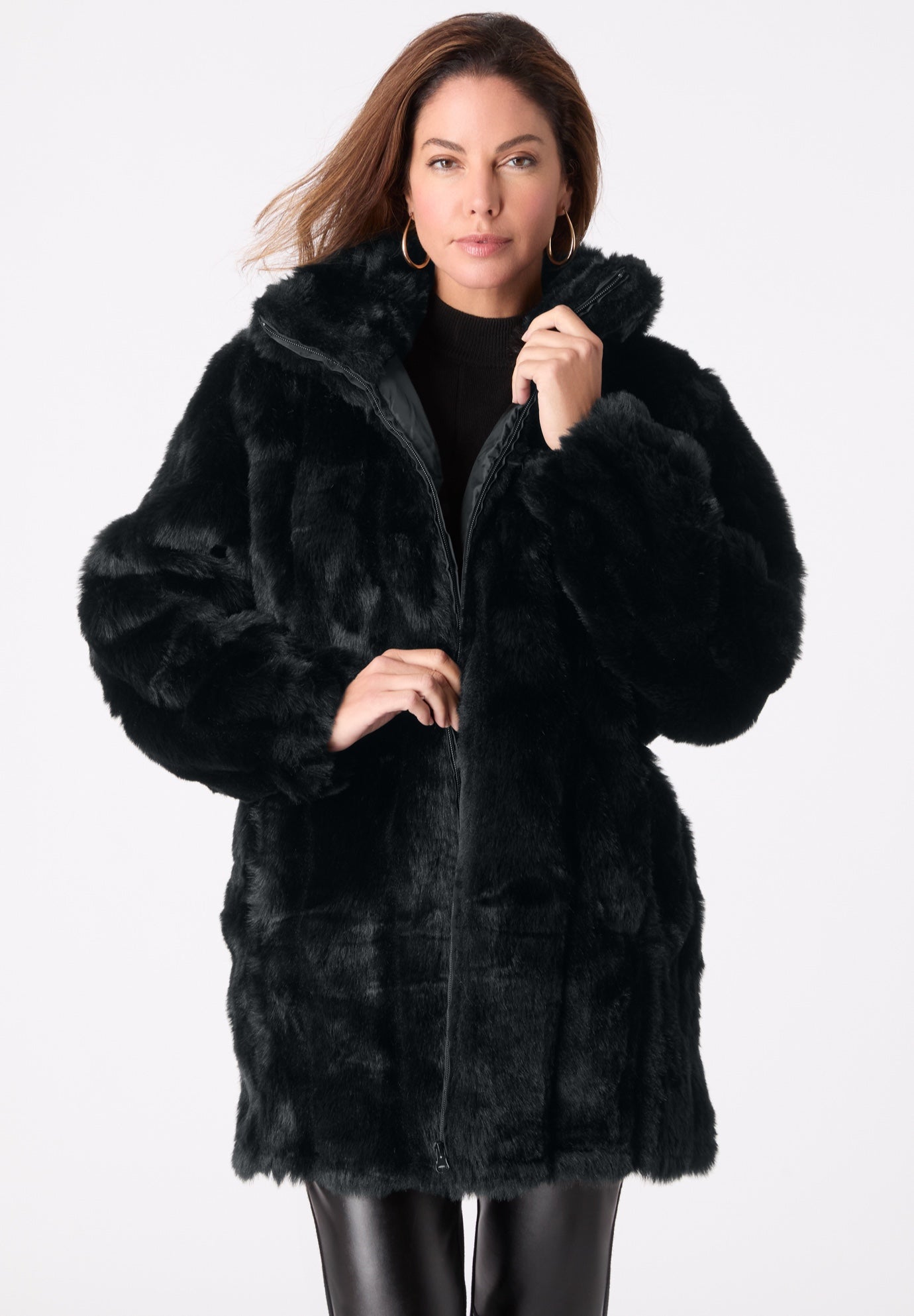 Plus Size Mid-Length Hooded Faux Fur Coat image number 0