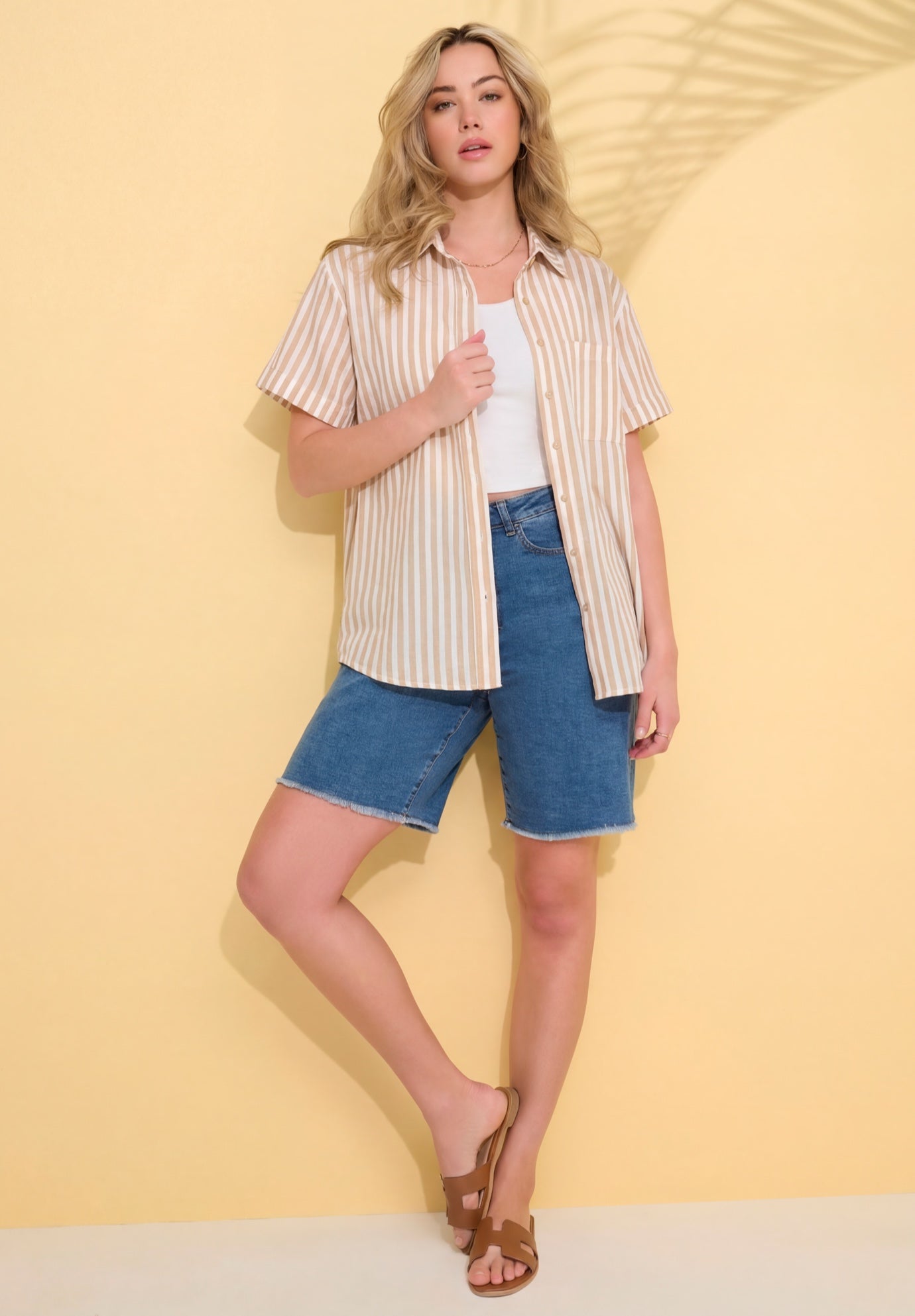 Plus Size Linen-Blend Short Sleeve Button-Front Shirt image number 0