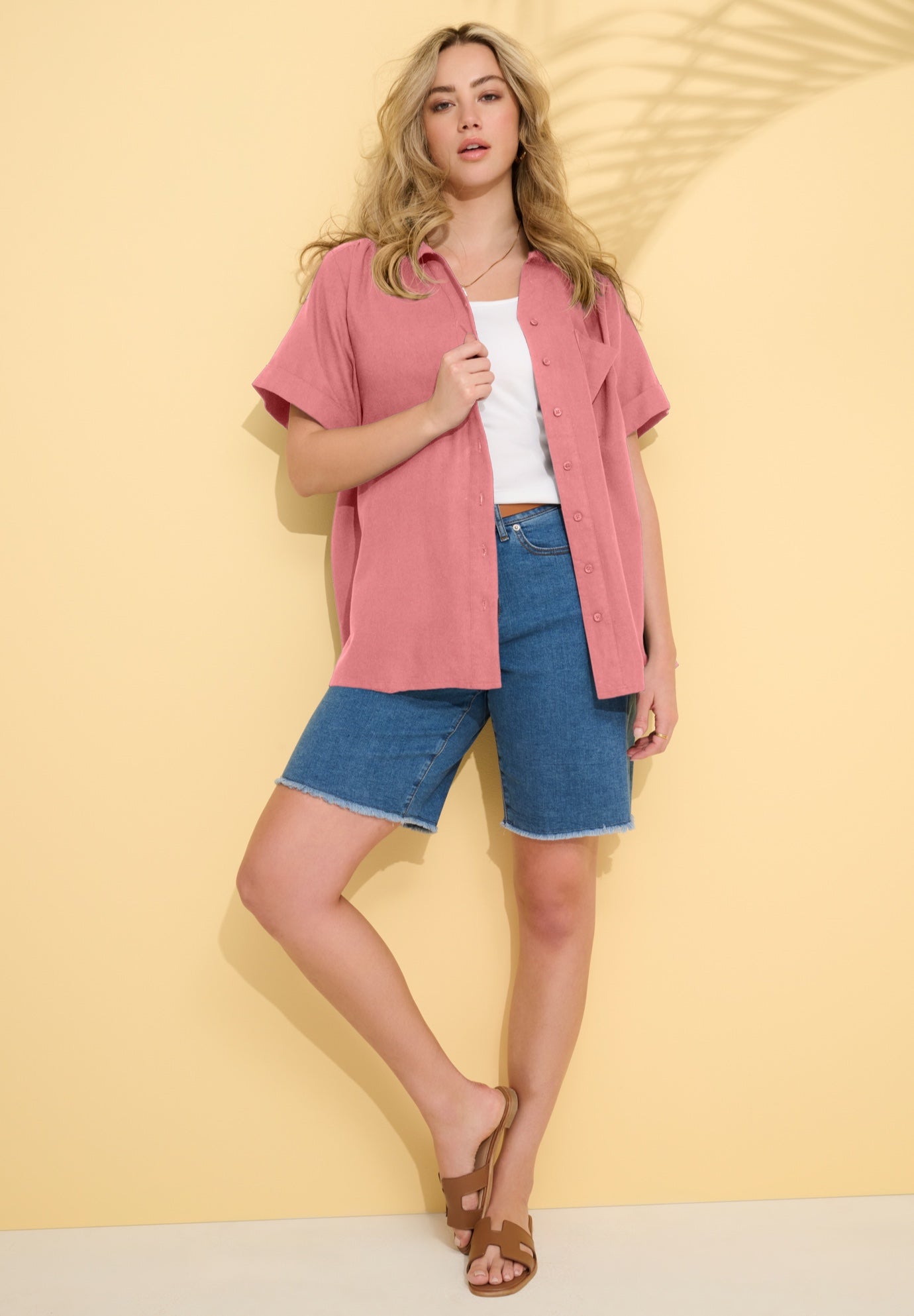 Plus Size Linen-Blend Short Sleeve Button-Front Shirt image number 0