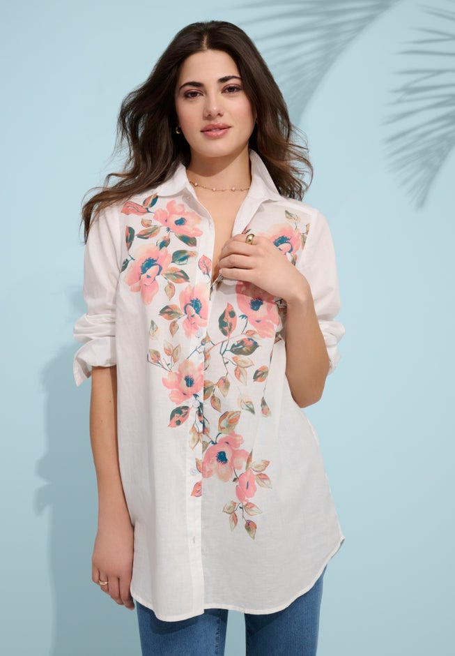 Plus Size Kate Cambric Cotton Printed Long Sleeve Shirt image number 1