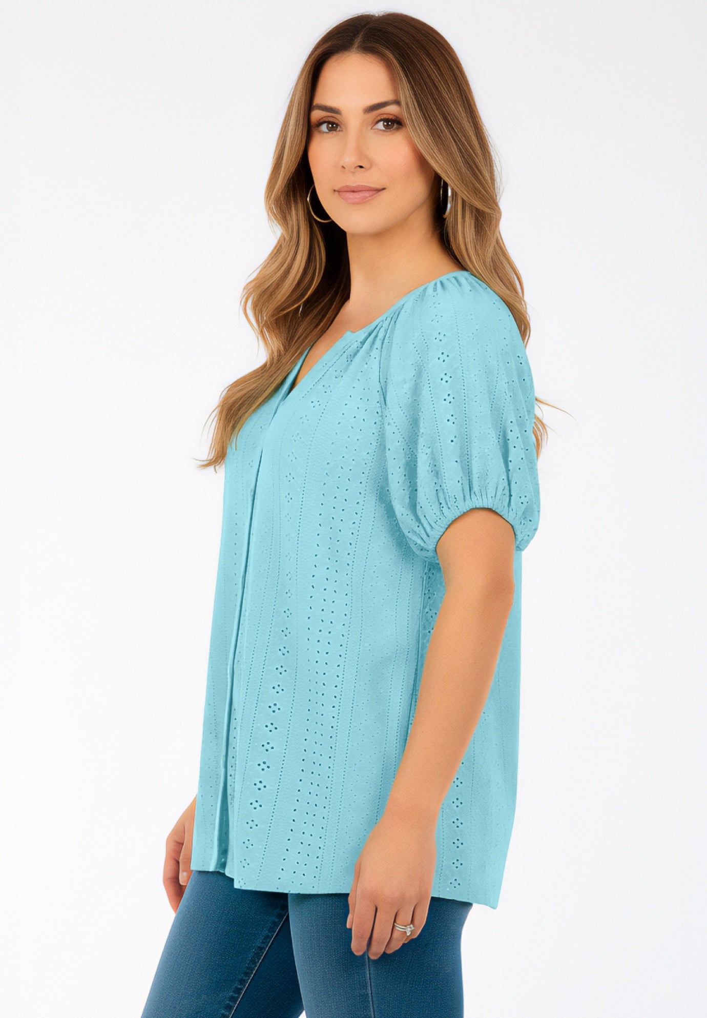 Plus Size Shirred Eyelet Button-Front Blouson Tunic image number 2