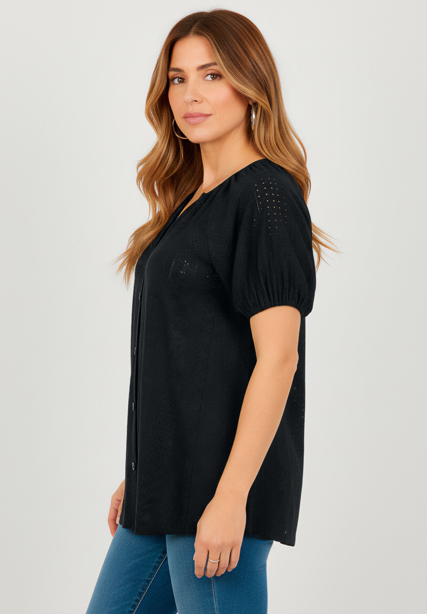 Plus Size Shirred Eyelet Button-Front Blouson Tunic image number 2