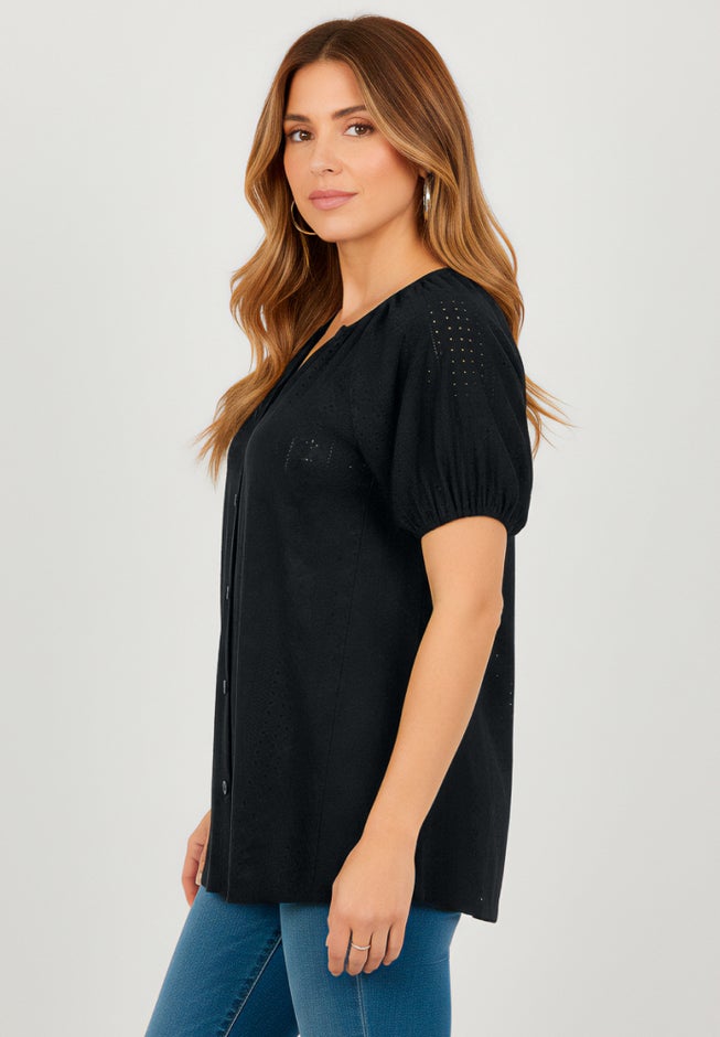 Plus Size Shirred Eyelet Button-Front Blouson Tunic image number 2