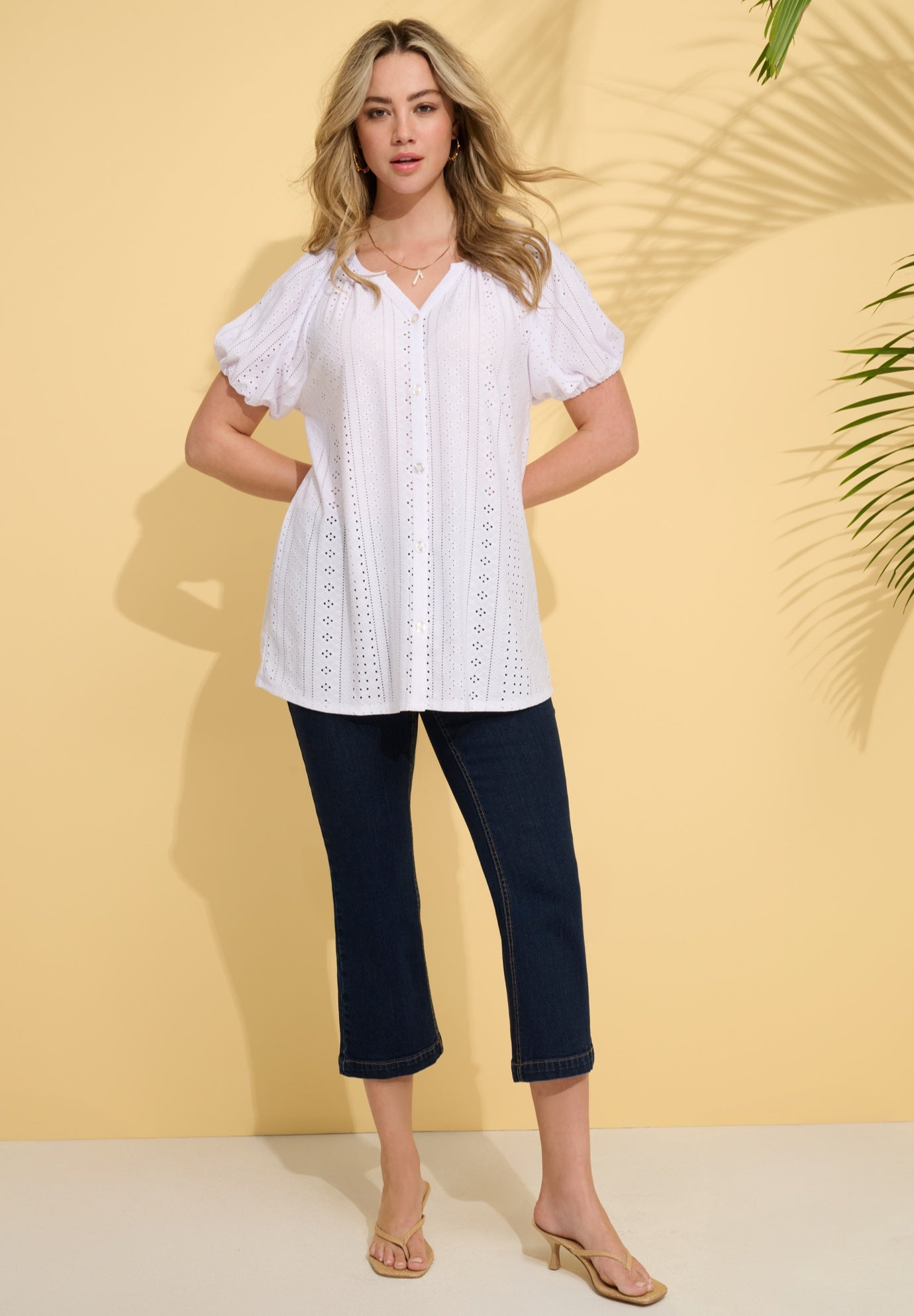 Plus Size Shirred Eyelet Button-Front Blouson Tunic image number 0