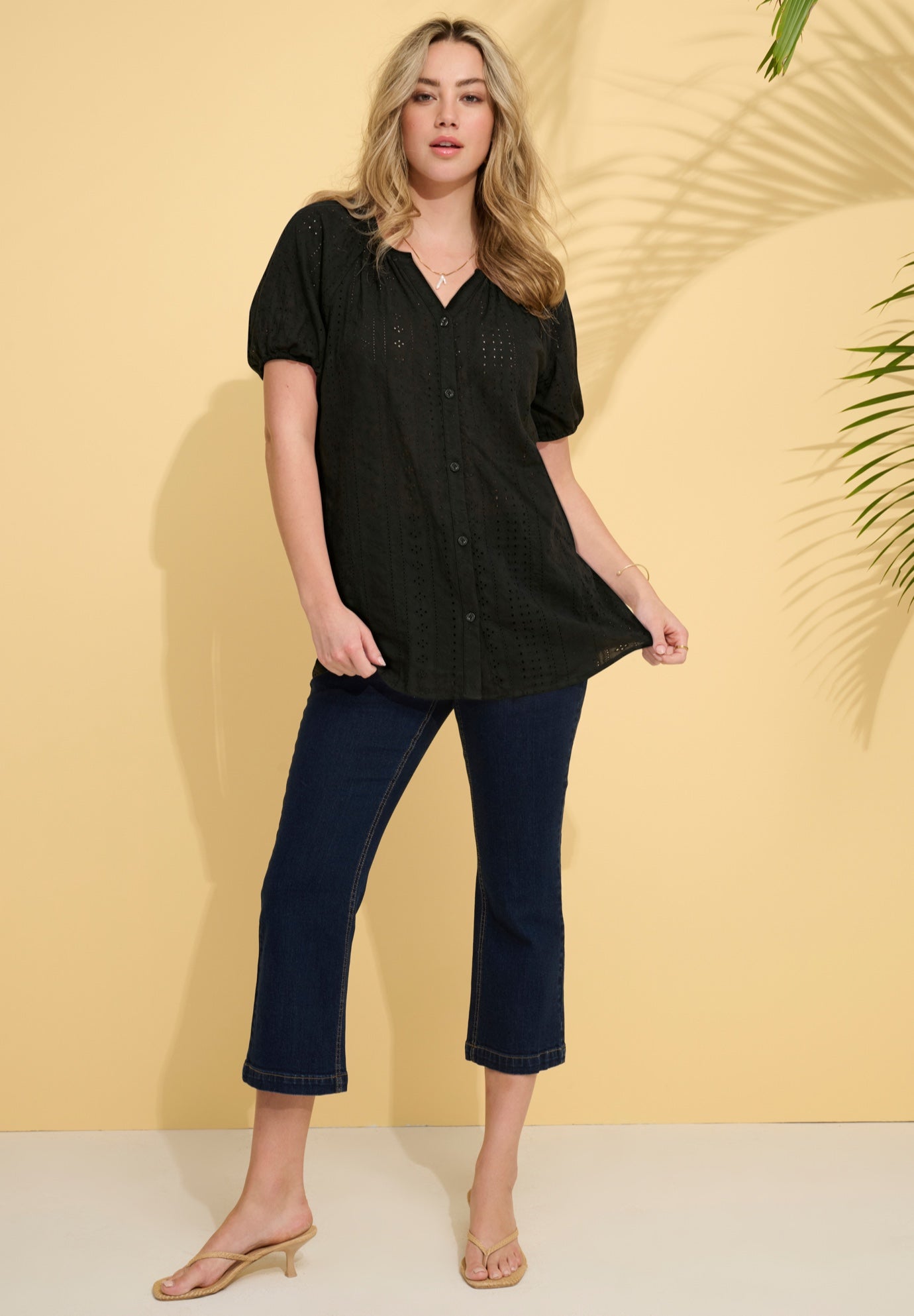 Plus Size Shirred Eyelet Button-Front Blouson Tunic image number 0