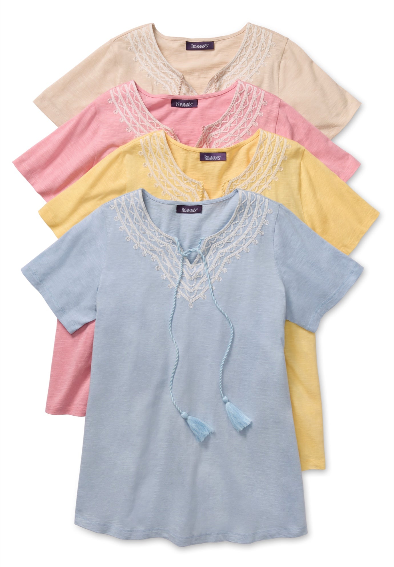 Plus Size Embroidered Notch-Neck Tassel Tunic image number 2