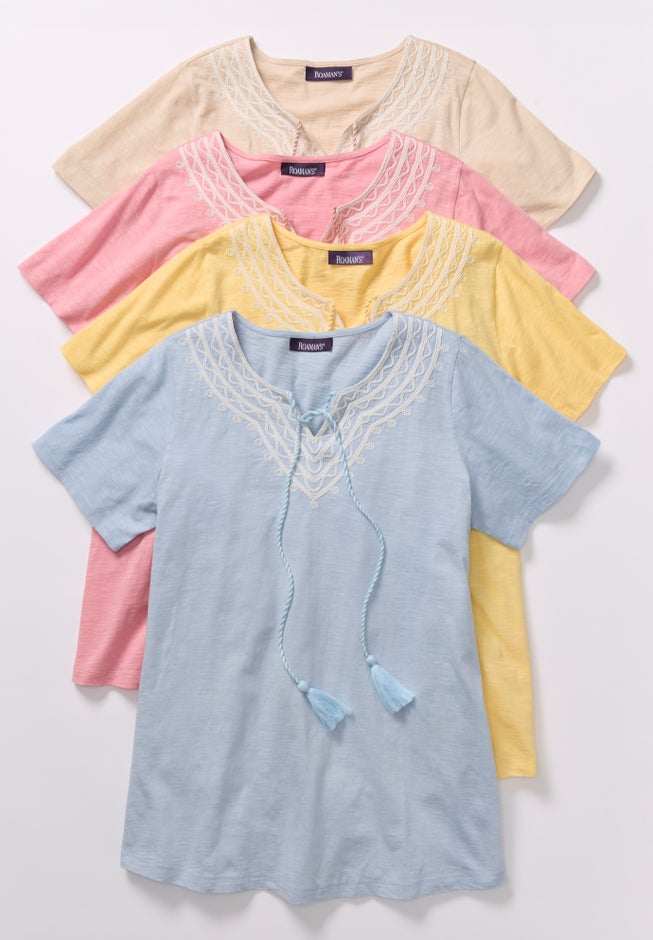 Plus Size Embroidered Notch-Neck Tassel Tunic image number 1