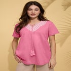 Plus Size Embroidered Notch-Neck Tassel Tunic image number null