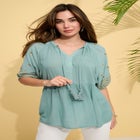 Plus Size Crinkle Rayon Tie-Neck Embroidered Blouse image number null