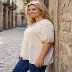 Plus Size Crinkle Rayon Tie-Neck Embroidered Blouse image number null