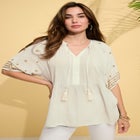 Plus Size Crinkle Rayon Tie-Neck Embroidered Blouse image number null