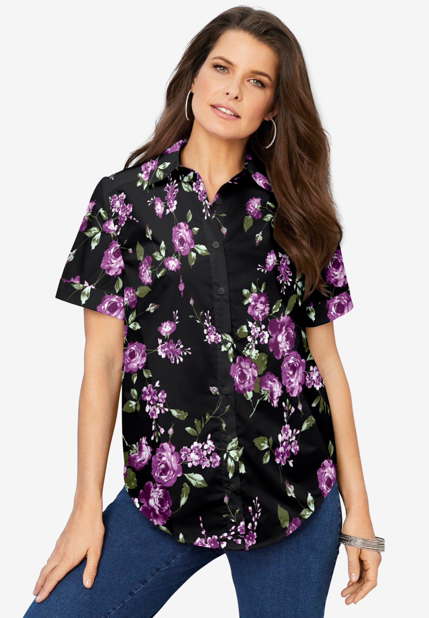 Extended Plus Size Kate Short Sleeve Easy Cotton-Blend Button-Front Shirt image number 0
