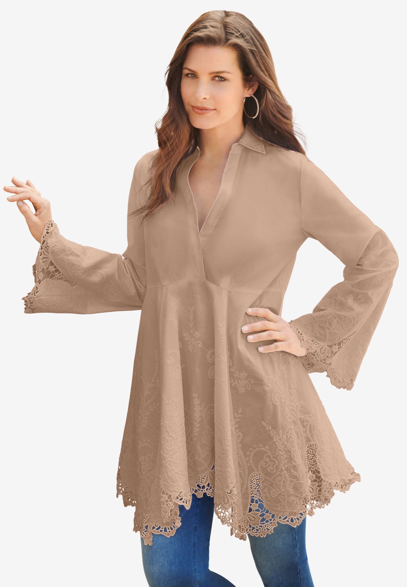 Extended Plus Size Poplin Embroidered Swing Tunic image number 0