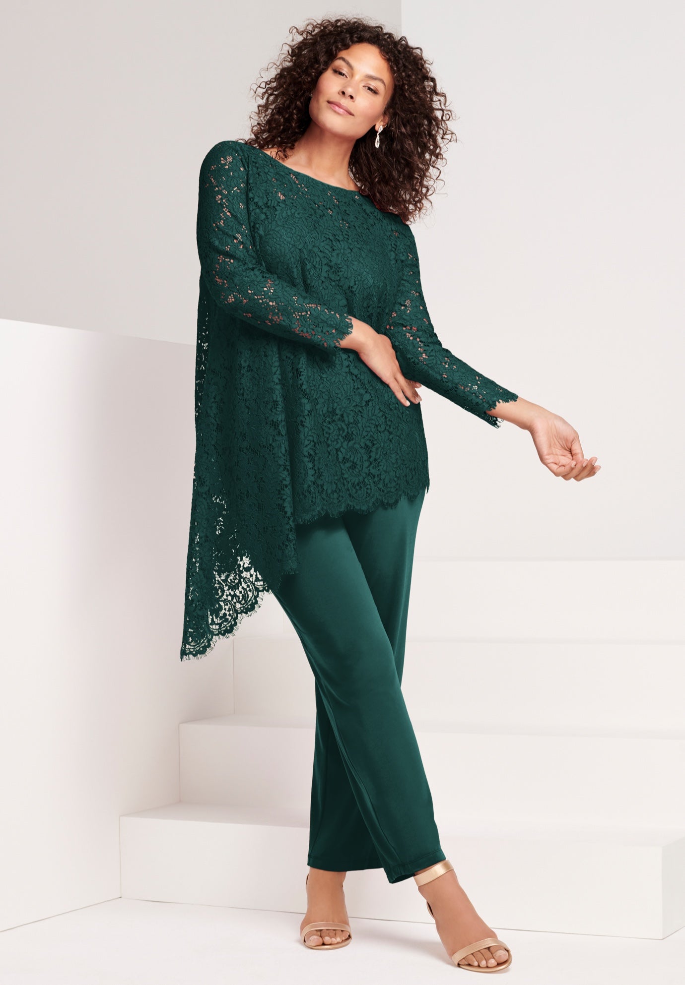 Extended Plus Size Asymmetrical Lace Pant Set &ndash;Long Sleeve Lace Scalloped Tunic & Elastic Waist Pants image number 0