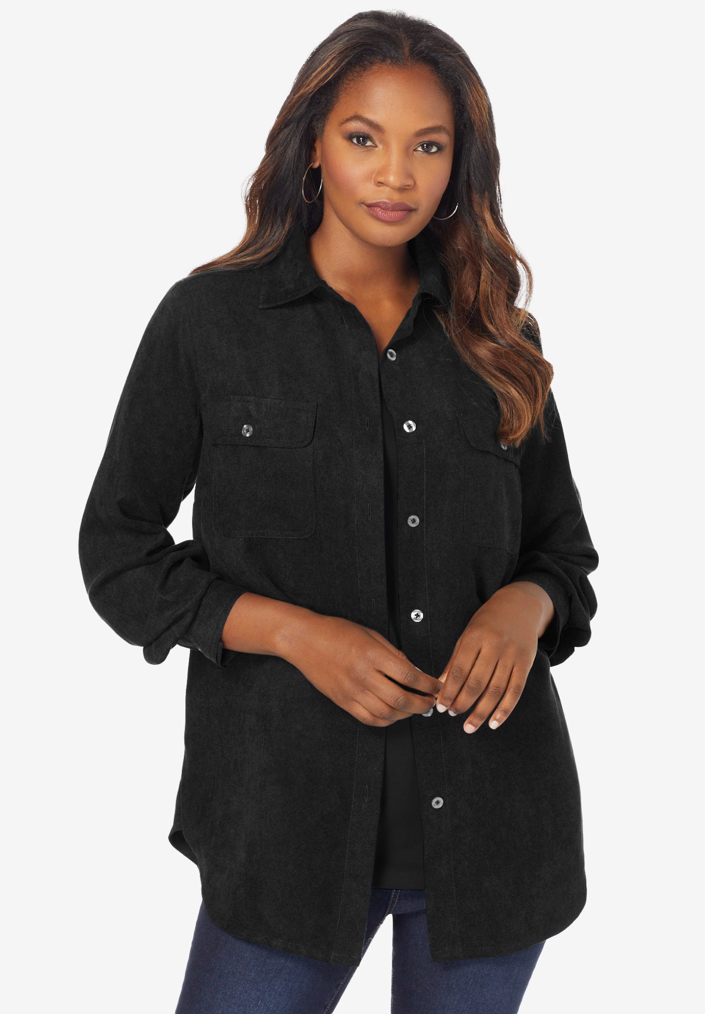 Extended Plus Size Faux Suede Button-Front Shirt image number 0