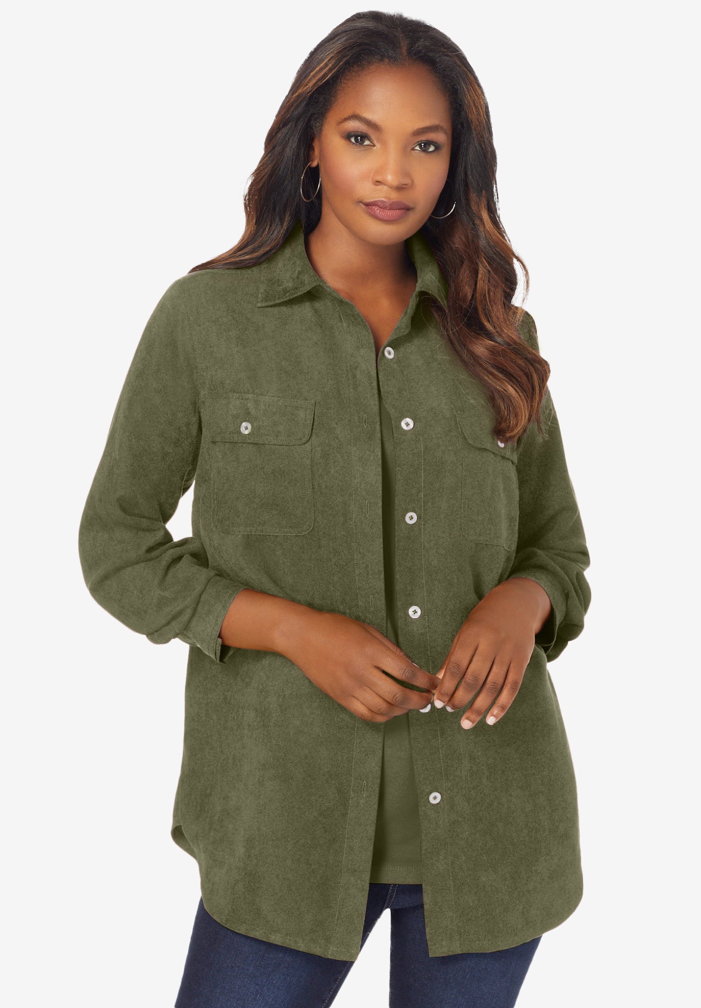 Extended Plus Size Faux Suede Button-Front Shirt image number 0