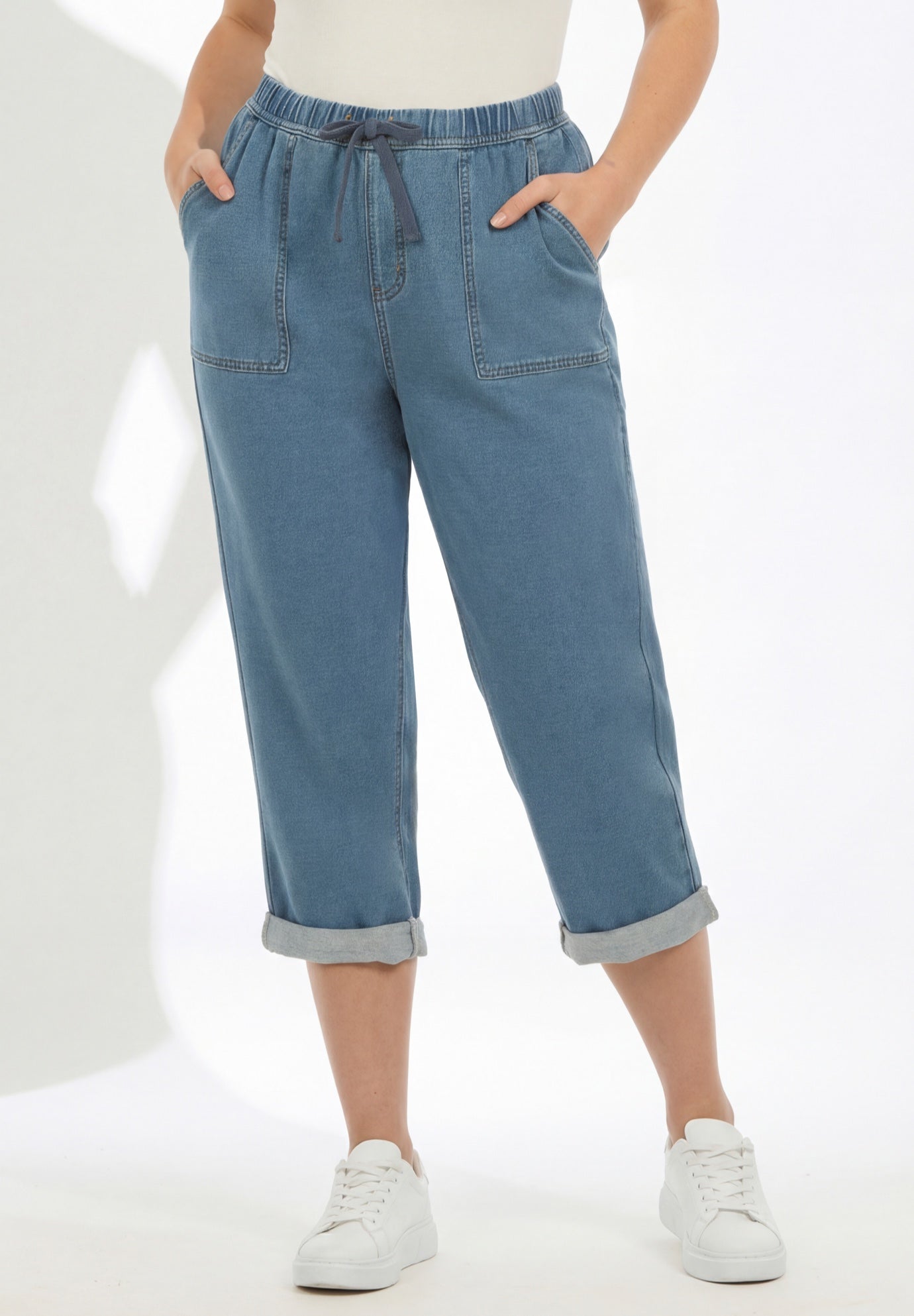 Plus Size Knit Denim Pull-On Cuffed Capri Jean image number 0