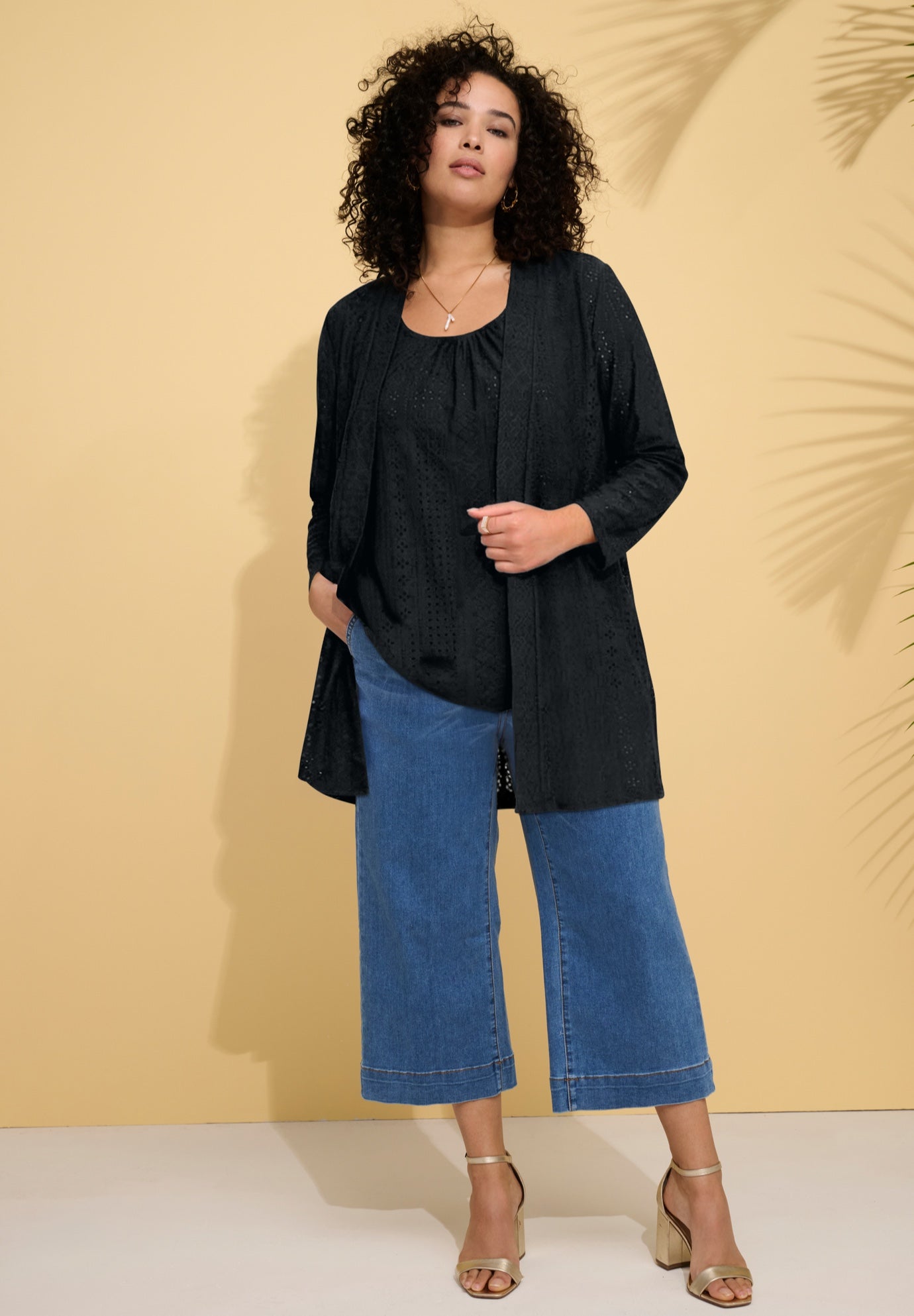 Plus Size Eyelet Long Sleeve Cardigan & Tank Set image number 0