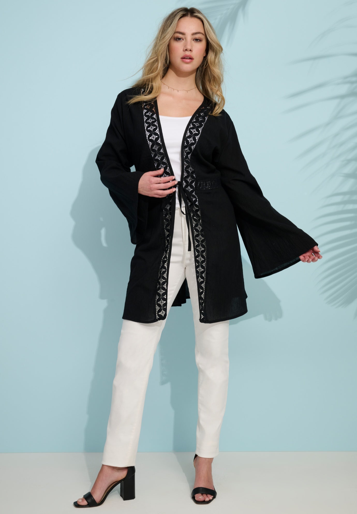 Plus Size Lace-Trim Tassel Bell Sleeve Kimono image number 0