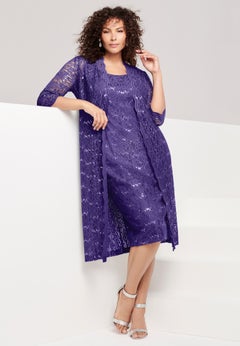 Extended Plus Size 3/4 Sleeve Formal Duster Sequin &ndash; Embellished Lace Dress Set