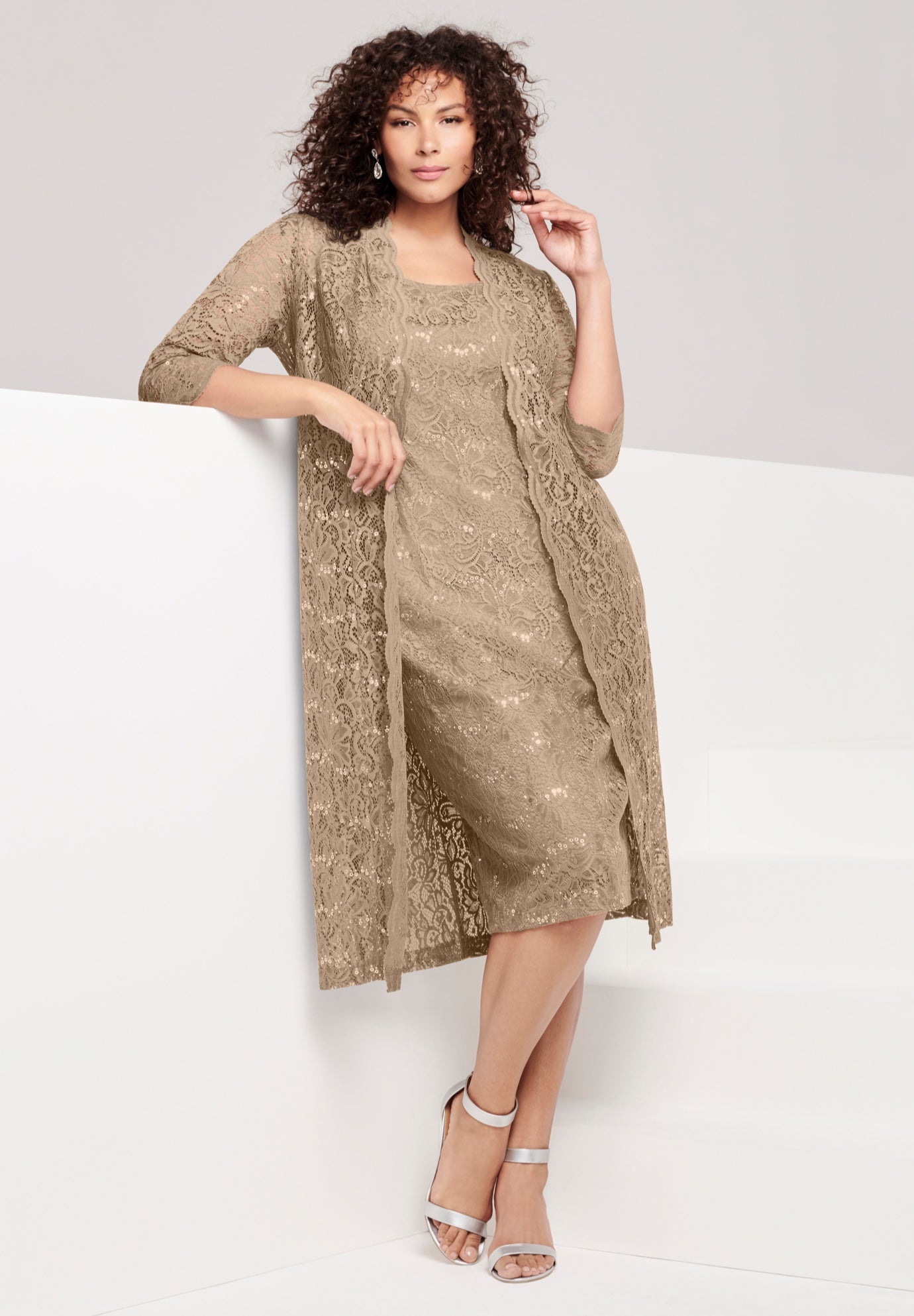 Extended Plus Size 3/4 Sleeve Formal Duster Sequin &ndash; Embellished Lace Dress Set image number 0