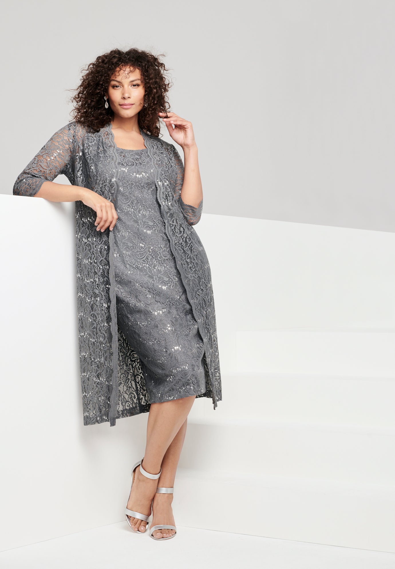 Extended Plus Size 3/4 Sleeve Formal Duster Sequin &ndash; Embellished Lace Dress Set image number 0
