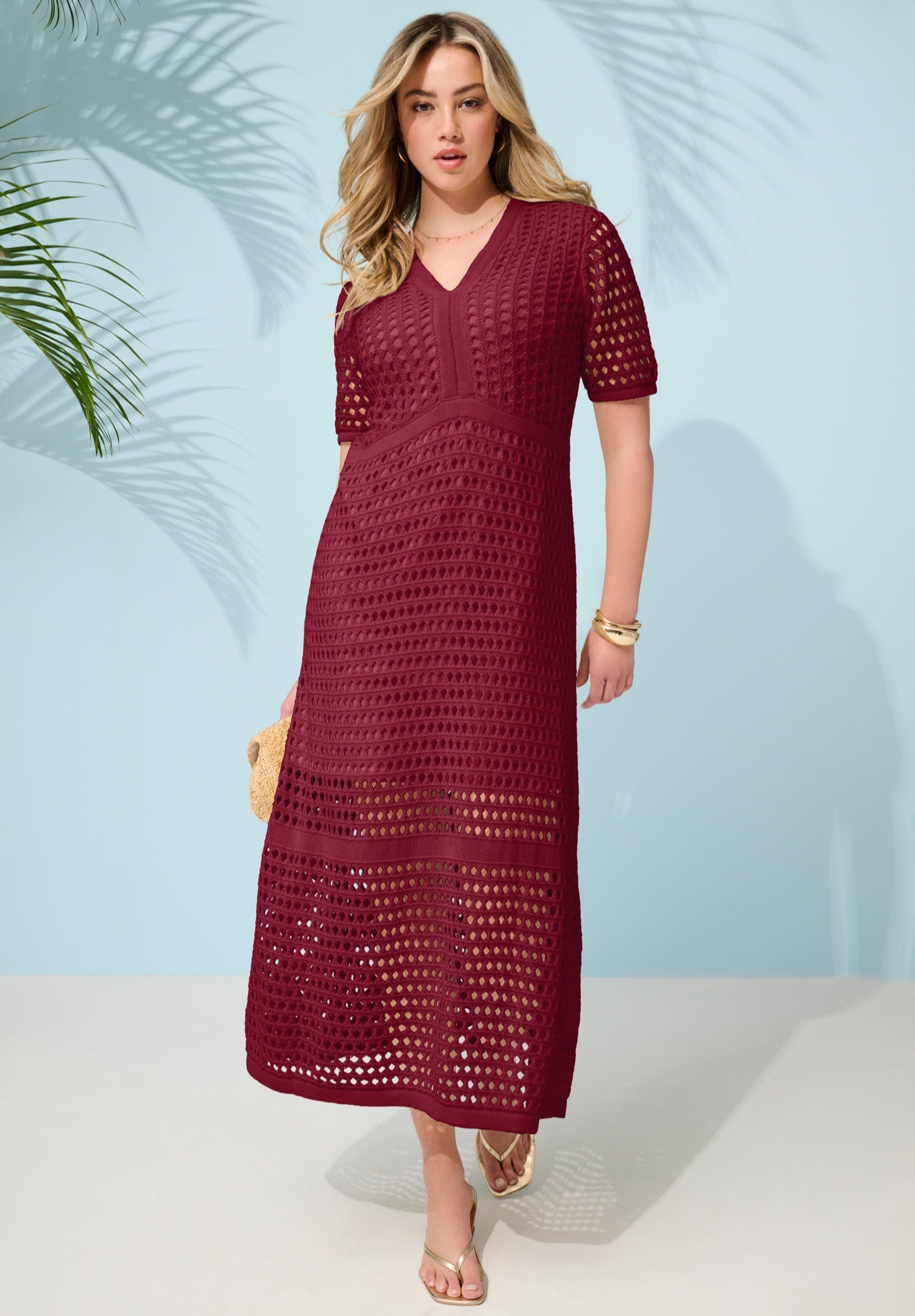 Plus Size Openwork Knit V-Neck Tiered Maxi Dress image number 0