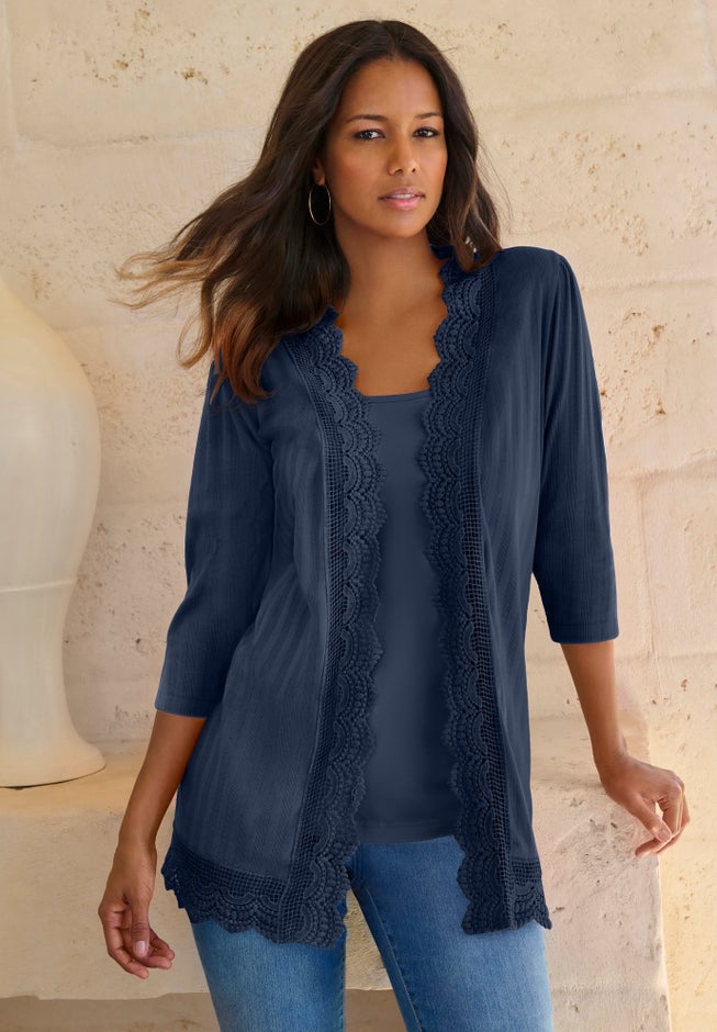 Crochet Trim Pointelle Cardigan image number 1