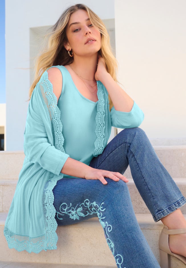 Crochet Trim Pointelle Cardigan image number 0