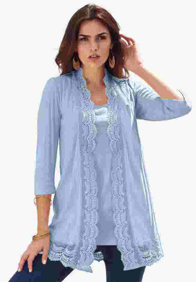 Crochet Trim Pointelle Cardigan image number 0