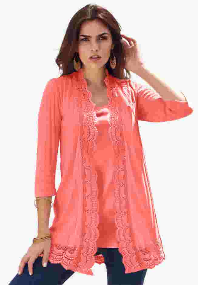 Crochet Trim Pointelle Cardigan image number 0