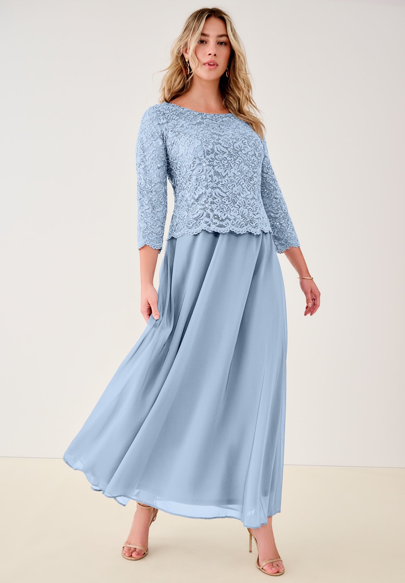 Extended Plus Size Sequin Lace Three Quarter Sleeve A-Line Gown image number 0
