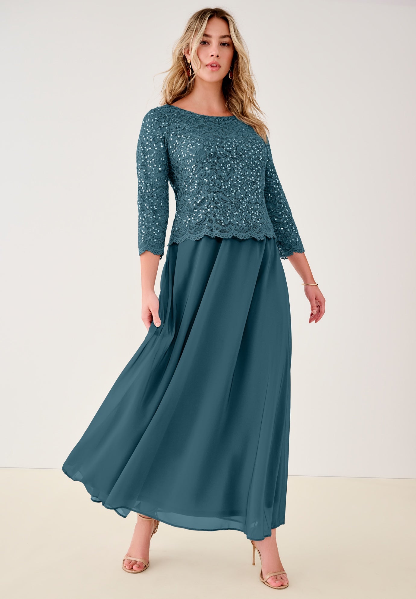 Extended Plus Size Sequin Lace Three Quarter Sleeve A-Line Gown image number 0