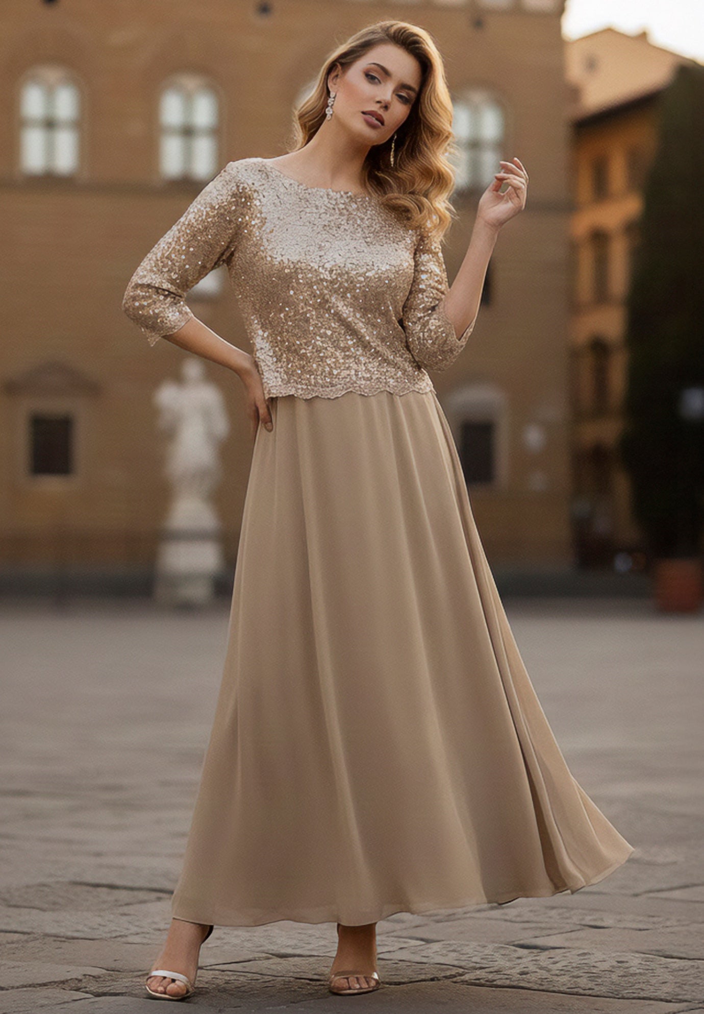 Extended Plus Sequin Lace Three Quarter Sleeve A-Line Gown image number 0