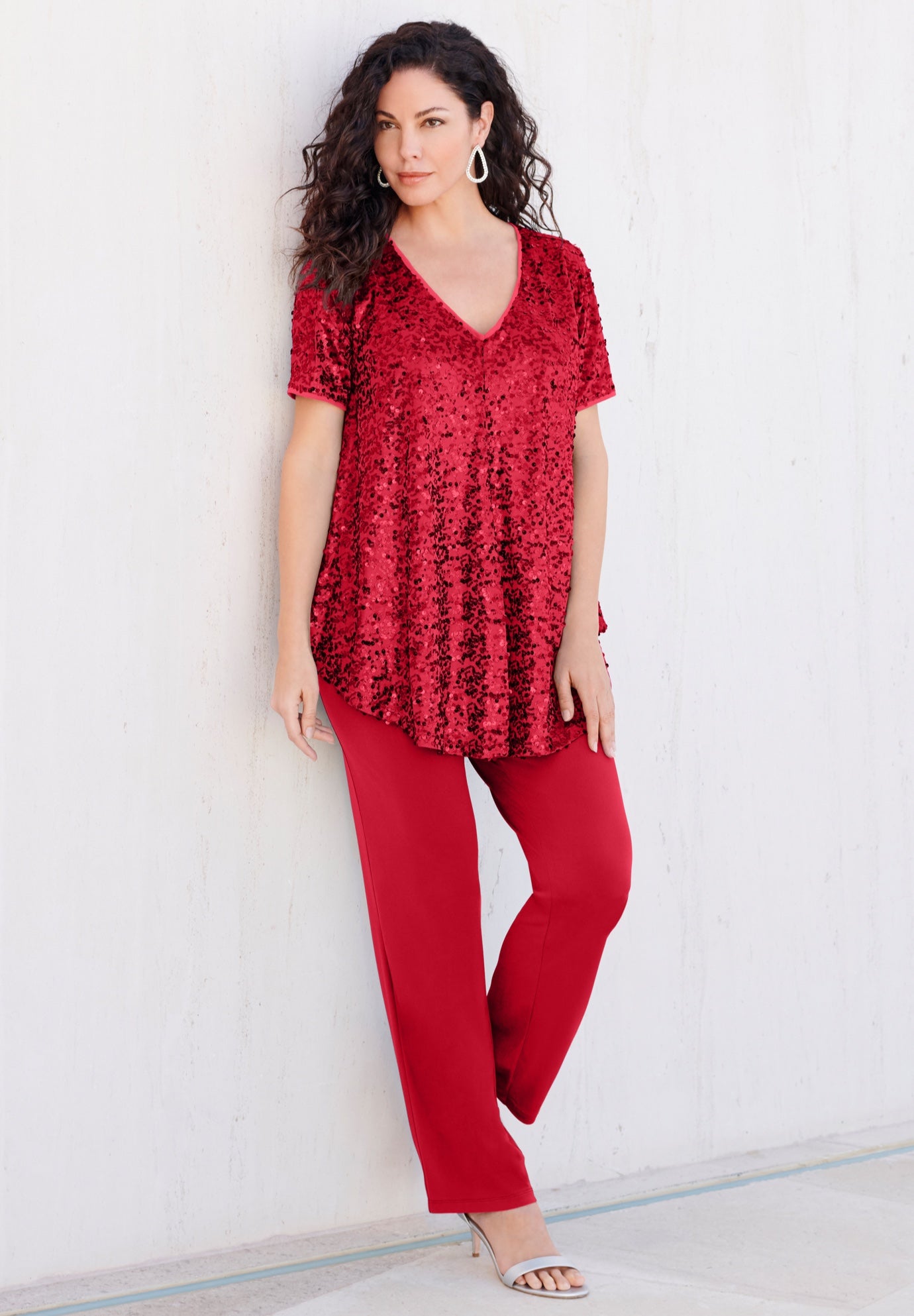 Extended Plus Size 2 Piece S/S Sequin Top and Pant Set image number 0