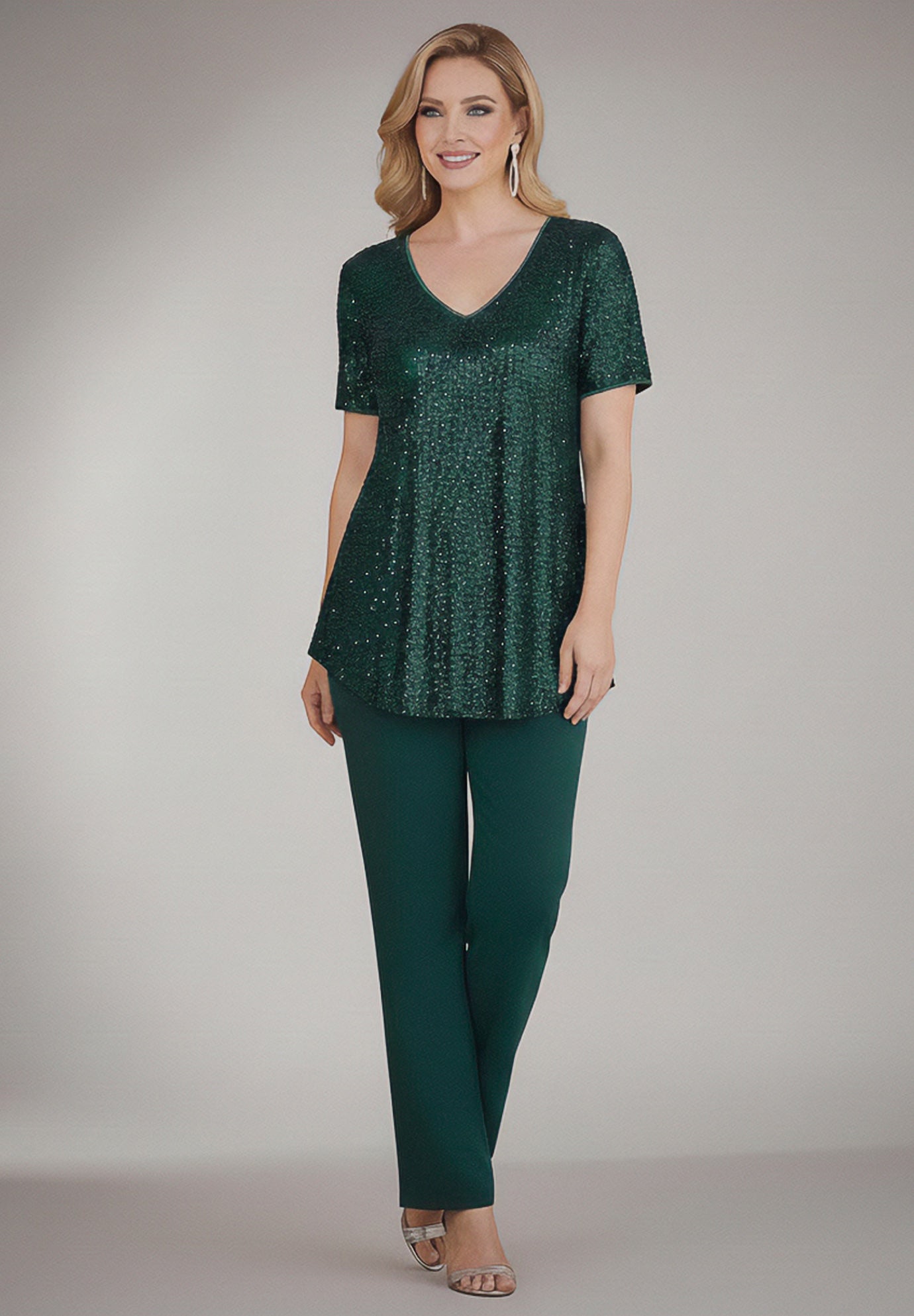 Extended Plus Size 2 Piece S/S Sequin Top and Pant Set image number 0