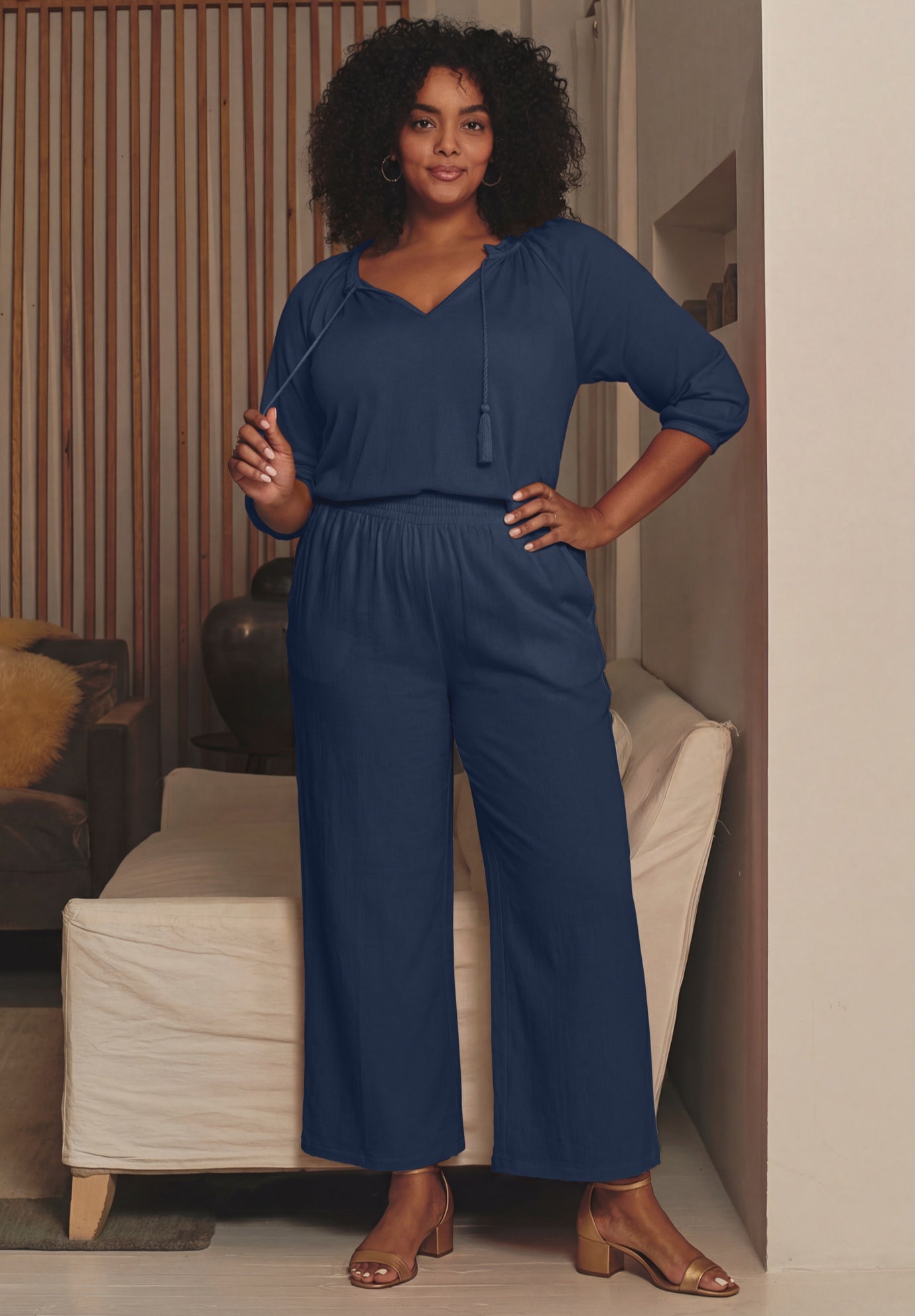 Knit Gauze Smocked Wide-Leg Pants image number 0