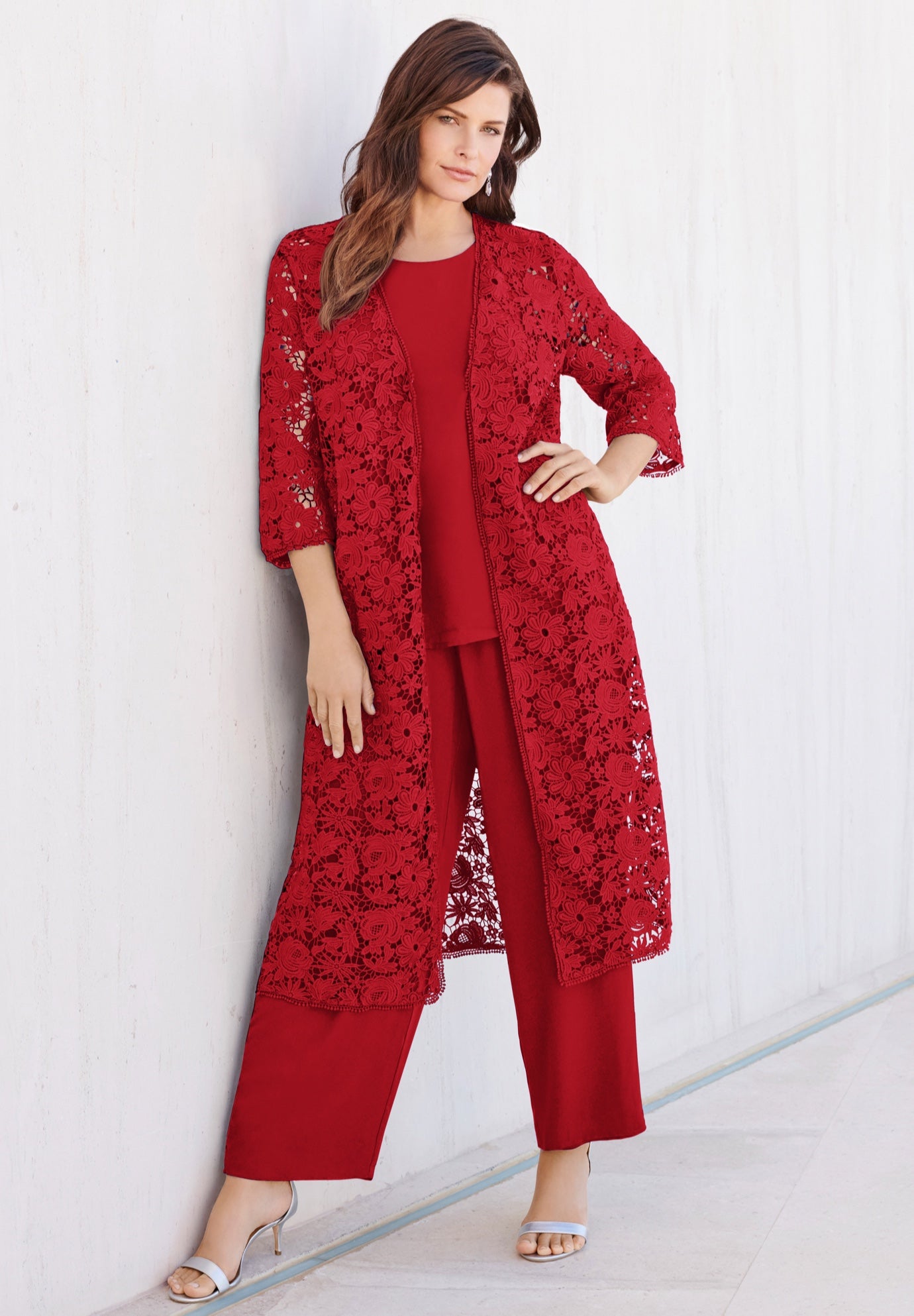 Extended Plus Size 3-Piece Allover Lace Duster Pant Set &ndash; Formal Wear image number 0