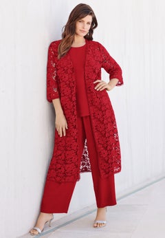 Extended Plus Size 3-Piece Allover Lace Duster Pant Set &ndash; Formal Wear