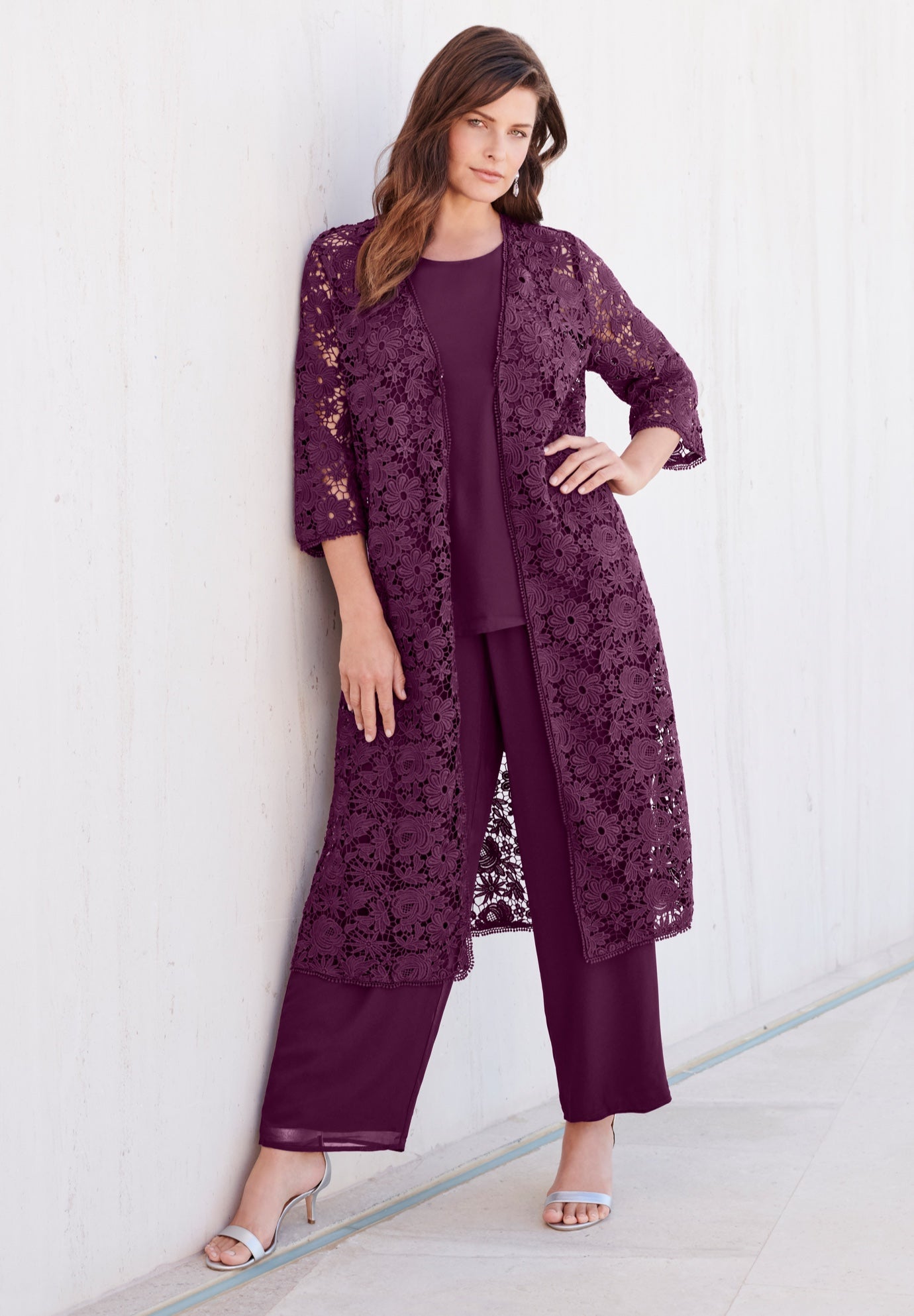 Extended Plus 3-Piece Allover Lace Duster Pant Set &ndash; Formal Wear image number 0