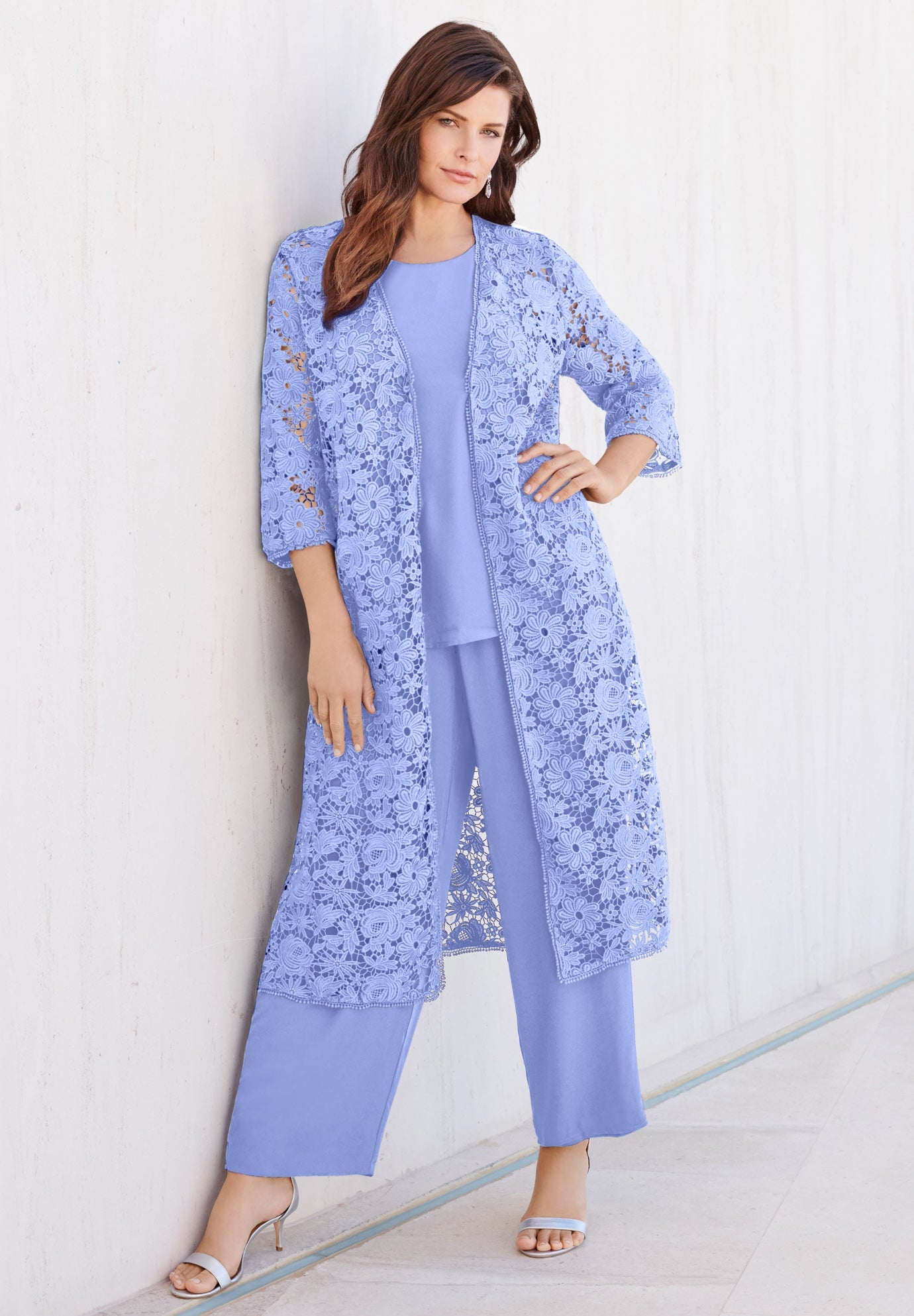 Extended Plus Size 3-Piece Allover Lace Duster Pant Set &ndash; Formal Wear image number 0